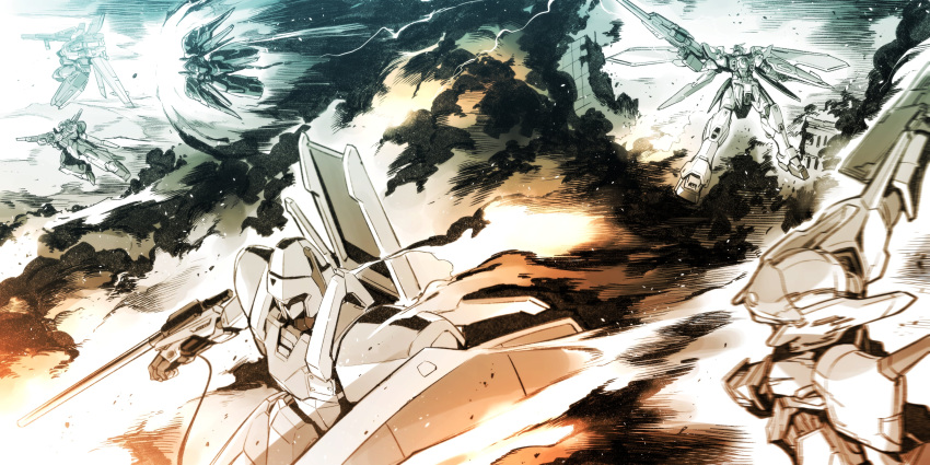 absurdres arm_cannon armor assault_visor battle beam_rifle black_selena cable character_request copyright_request energy_gun gun gundam gundam_wing highres holding holding_gun holding_shield holding_weapon juusenki_l-gaim kato_takuji kidou_senkan_nadesico kidou_senkan_nadesico_-_prince_of_darkness l-gaim mecha mechanical_wings mobile_suit no_humans robot science_fiction shield smoke solo super_robot_wars v-fin weapon wing_gundam wings