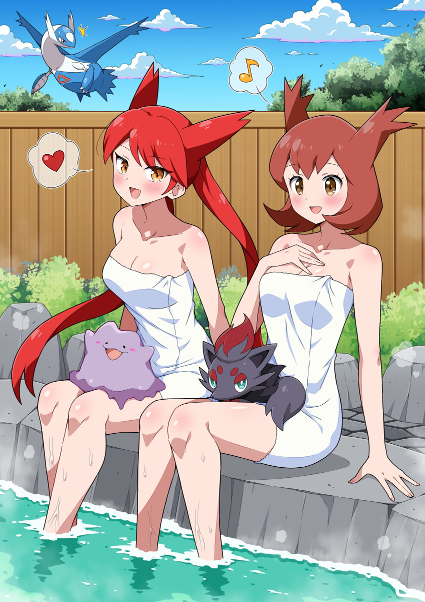 2girls absurdres alternate_form bianca_(pokemon_heroes) blush breasts brown_eyes brown_hair day ditto eggman_(ni_tamagoex) highres latias latias_(human)_(pokemon_adventures) latios long_hair looking_at_viewer multiple_girls naked_towel onsen open_mouth outdoors personification pokemon pokemon_(anime) pokemon_(classic_anime) pokemon_(creature) pokemon_adventures pokemon_heroes:_latios_&_latias red_hair short_hair smile towel twintails yellow_eyes zorua