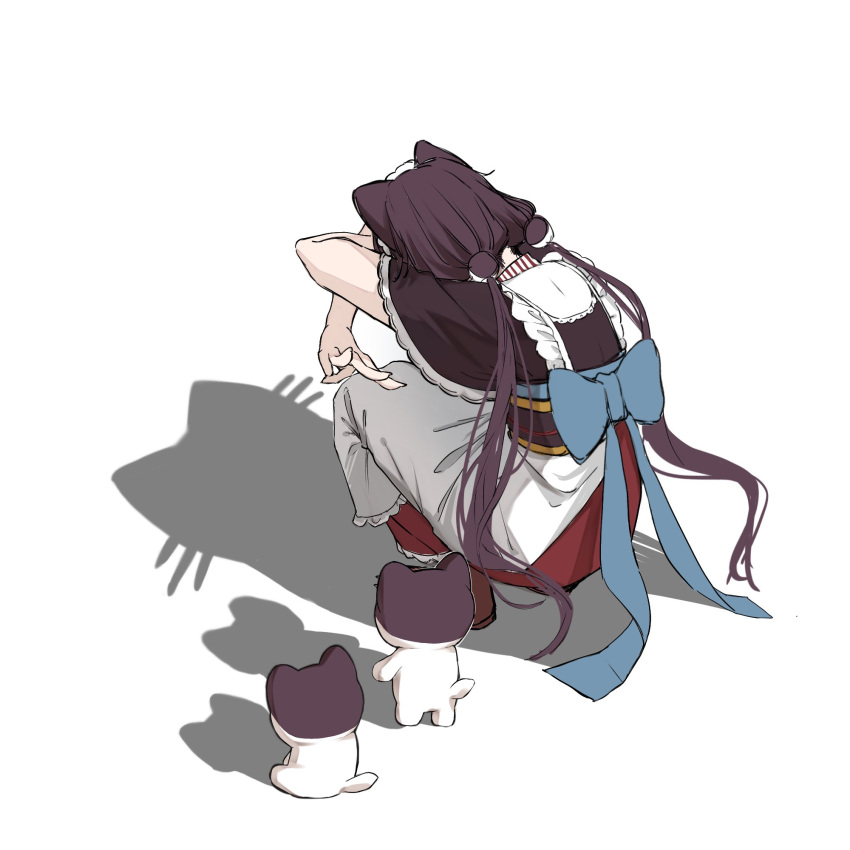 1girl animal_ears apron arms_up back_bow banken_(inui_toko) blue_bow boots bow brown_boots brown_hair brown_kimono brown_sash cassava_03 cat_shadow_puppet_(meme) commentary_request creature frilled_apron frills from_behind hair_ornament highres inui_toko japanese_clothes kimono long_hair long_skirt low_twintails maid_headdress meme nijisanji obi obiage obijime red_skirt sash shadow shadow_puppet short_sleeves simple_background skirt squatting twintails very_long_hair virtual_youtuber waist_apron white_apron white_background white_headdress
