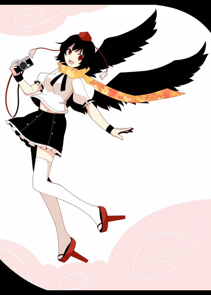 black_hair black_wings camera full_body geta hat highres looking_at_viewer meneru open_mouth red_eyes scarf shameimaru_aya short_hair skirt smile solo tengu-geta thighhighs tokin_hat touhou white_legwear wings wristband