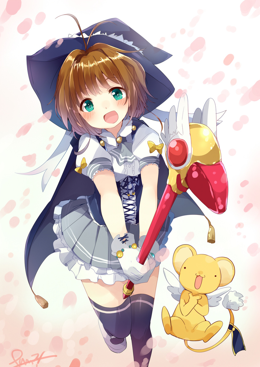 :d antenna_hair bad_id bad_pixiv_id blue_hat blush brown_hair cape cardcaptor_sakura corset fuuin_no_tsue gloves green_eyes hat highres kero kinomoto_sakura magical_girl open_mouth pun2 purple_legwear shirt short_hair skirt smile staff star star-shaped_pupils symbol-shaped_pupils thighhighs white_gloves witch_hat zettai_ryouiki