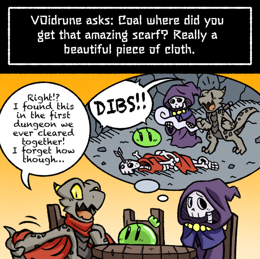 2025 ambiguous_gender animated_skeleton anthro biped black_text bone cape chair clothed clothing coal_(rakkuguy) dialogue ellipsis english_text exclamation_point eyebrows eyelashes female_(lore) furniture goo_creature green_body group hi_res holding_object holding_staff kobold lime_(rakkuguy) looking_at_another melee_weapon motion_lines on_chair open_mouth open_smile question question_mark rakkuguy red_cape red_clothing robe rock scalie shelley_(rakkuguy) shield shield_on_back sitting sitting_on_chair skeleton smile speech_bubble staff standing sword sword_on_back table text tongue trio undead weapon white_text wood wood_chair wood_furniture wood_table