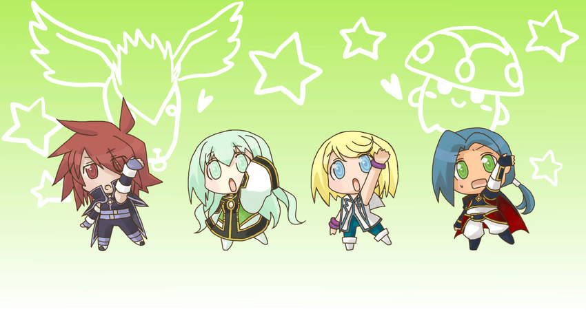 1girl 3boys blonde_hair blue_eyes blue_hair bracelet breasts cape capelet dress elbow_gloves gloves green_eyes green_hair jewelry kratos_aurion long_hair martel_yggdrasill mithos_yggdrasill multiple_boys open_mouth pants pantyhose red_eyes red_hair shoes short_hair tales_of_(series) tales_of_symphonia yuan_ka-fai