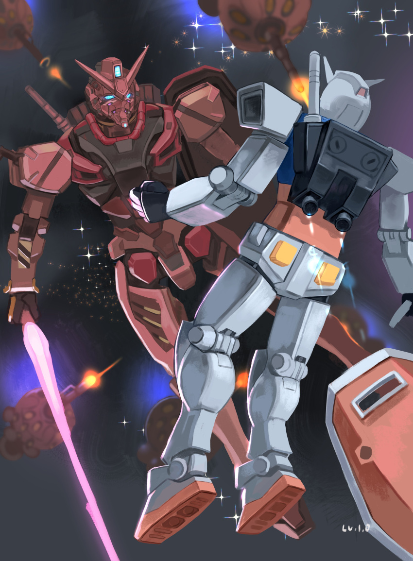 absurdres armor battle blue_eyes commentary energy_sword gundam gundam_gquuuuuux highres holding holding_sword holding_weapon level-00 looking_at_viewer mecha mecha_focus no_humans red_armor red_gundam robot rx-78-2_gundam science_fiction shield space spoilers sword symbol-only_commentary weapon white_armor