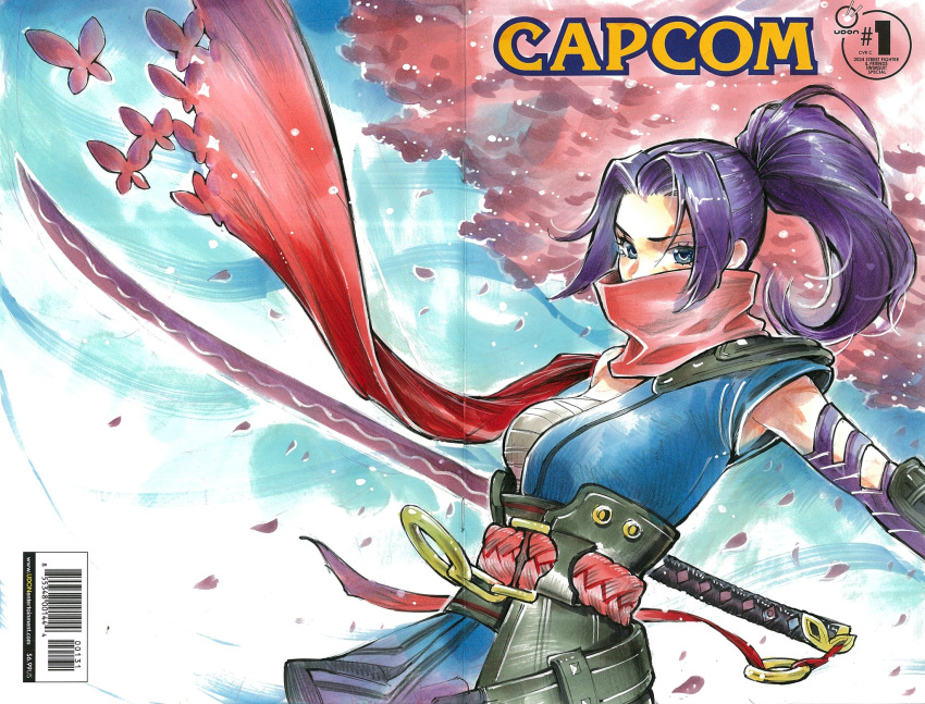 1girl armor bandana barcode belt blue_eyes blue_kimono blue_sky breasts bug butterfly chain cherry_blossoms copyright_name covered_mouth day floating_clothes gold_chain high_ponytail highres japanese_armor japanese_clothes katana kimono kote kurokote long_hair looking_at_viewer marvel marvel_rivals medium_breasts outdoors petals pink_belt ponytail psylocke psylocke_(sai) purple_hair red_bandana red_butterfly rodrigo_yoshimiya sarashi short_sleeves shoulder_armor sidelocks single_bare_shoulder single_sleeve sky solo sparkle standing sword tree v-shaped_eyebrows weapon weapon_on_back x-men
