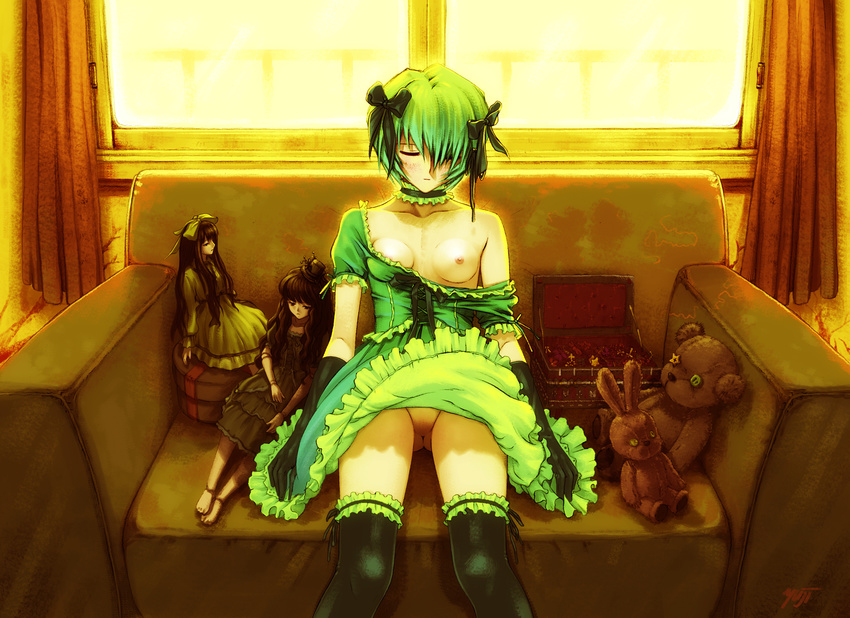 ayanami_rei black_gloves black_legwear blue_hair blush bow box breast_slip breasts button_eyes choker closed_eyes corset couch crack curtains doll doll_joints dress dress_lift elbow_gloves expressionless flower frilled_legwear frills gloves green_dress hair_bow hair_over_one_eye hair_ribbon hat highres jewelry kobayashi_yuuji mini_hat mini_top_hat neon_genesis_evangelion nipples no_pussy off_shoulder one_breast_out railing ribbon short_hair signature sitting small_breasts solo star stuffed_animal stuffed_bunny stuffed_toy sunlight teddy_bear thighhighs top_hat window