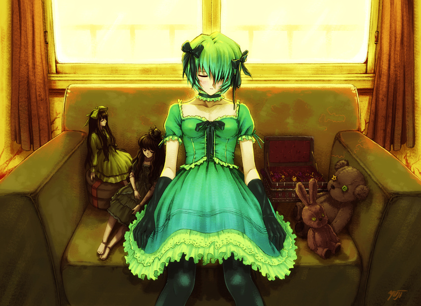 ayanami_rei black_gloves black_legwear blue_hair blush bow box button_eyes choker closed_eyes corset couch crack curtains doll doll_joints dress elbow_gloves expressionless flower frilled_legwear frills gloves green_dress hair_bow hair_over_one_eye hair_ribbon hat highres jewelry kobayashi_yuuji mini_hat mini_top_hat neon_genesis_evangelion railing ribbon short_hair signature sitting solo star stuffed_animal stuffed_bunny stuffed_toy sunlight teddy_bear thighhighs top_hat window