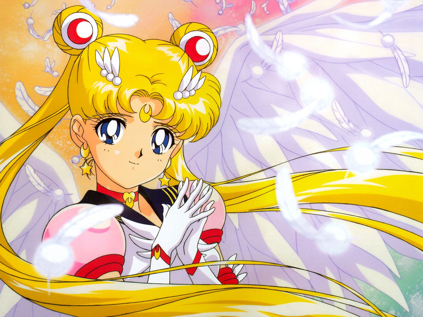 1girl bishoujo_senshi_sailor_moon bishoujo_senshi_sailor_moon_sailor_stars blonde_hair blue_eyes crescent double_bun earrings eternal_sailor_moon feathers gloves hands_on_own_chest hands_to_chest highres jewelry long_hair magical_girl odango official_art sailor sailor_moon sailor_uniform smile solo tsukino_usagi wings