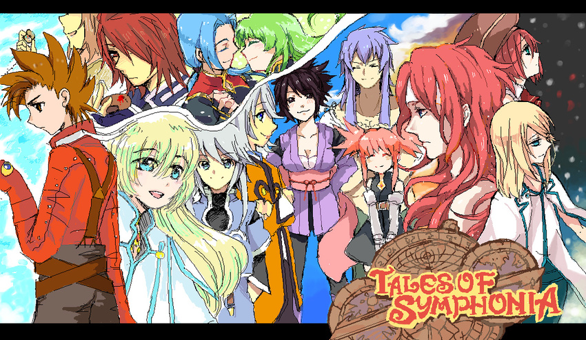 anna_irving bare_shoulders black_eyes black_hair blonde_hair blue_eyes blue_hair blush breasts brown_eyes brown_hair colette_brunel collet_brunel copyright_name elbow_gloves eyes_closed genis_sage genius_sage gloves green_eyes green_hair grey_hair hat headband kratos_aurion lloyd_irving long_hair martel_yggdrasill mithos_yggdrasill pants pink_hair presea_combatir raine_sage red_hair refill_sage regal_bryan regal_bryant seles_wilder sheena_fujibayashi short_hair tales_of_(series) tales_of_symphonia title_drop twintails yuan_ka-fai zelos_wilder