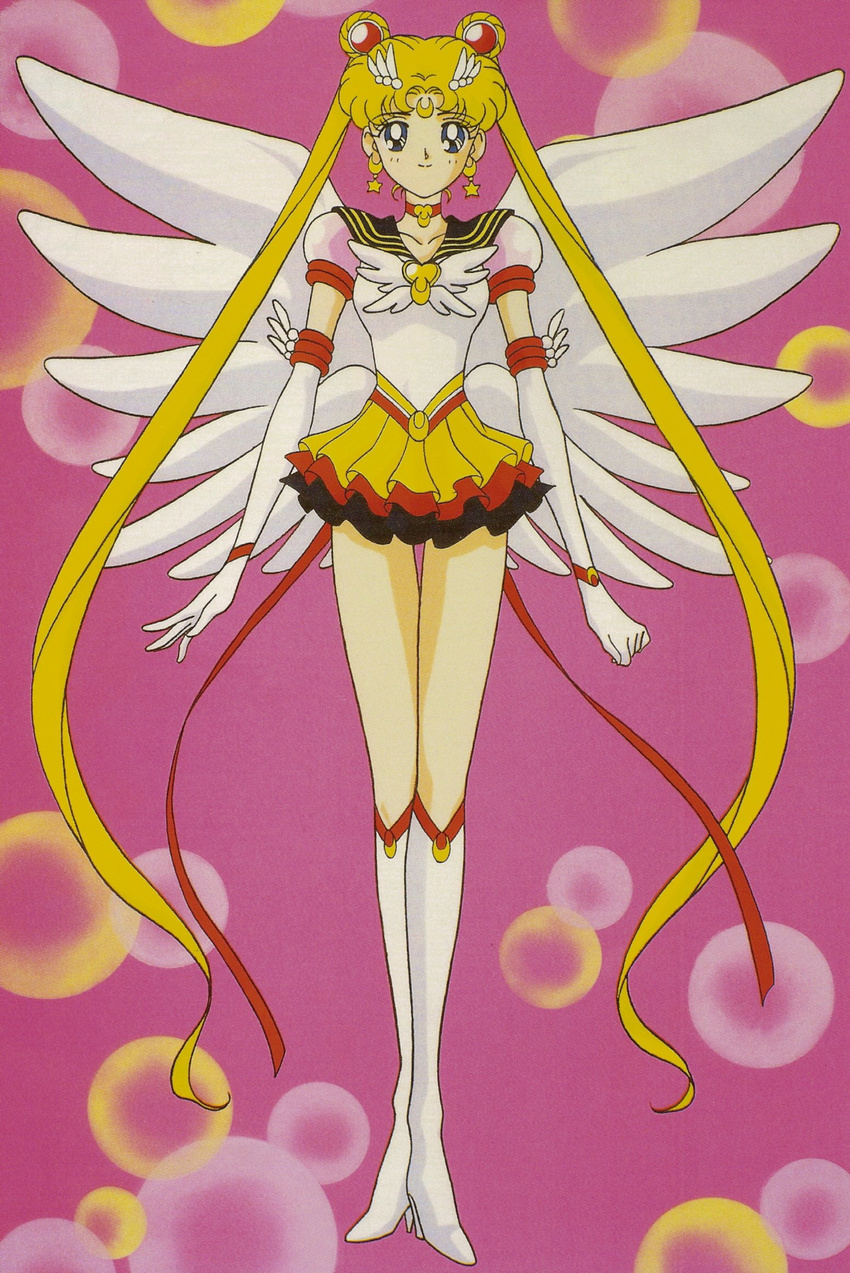 1girl bishoujo_senshi_sailor_moon bishoujo_senshi_sailor_moon_sailor_stars blonde_hair blue_eyes boots breasts brooch choker collar crescent double_bun earrings eternal_sailor_moon gloves heart highres jewelry knee_boots long_hair magical_girl odango official_art pink_background sailor sailor_moon sailor_uniform shoulder_pads skirt smile solo tape tsukino_usagi very_long_hair wings