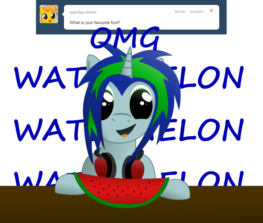 electro_key_(mlp) equine feral friendship_is_magic green_eyes hair horse male mammal multi-colored_hair my_little_pony pony techno_pony tongue tumblr watermelon