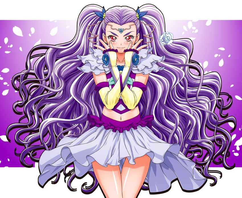 elbow_gloves fingerless_gloves flower frilled_sleeves frills gloves hair_flower hair_ornament kousaka_jun light_smile long_hair looking_at_viewer midriff milk_(yes!_precure_5) milky_rose mimino_kurumi miniskirt petals precure purple purple_hair red_eyes rose rose_petals skirt solo thighs wavy_hair yes!_precure_5 yes!_precure_5_gogo!