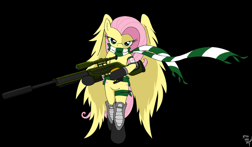 amazing amostheartman anthro anthrofied armband belt black_background blue_eyes boots clothing cutie_mark equine fantasy feathers female fluttershy_(mlp) friendship_is_magic fur garter gloves gun hair horse leg_band mammal my_little_pony pegasus pink_hair plain_background pony ranged_weapon scarf scope silencer sniper_rifle solo weapon wings yellow_fur