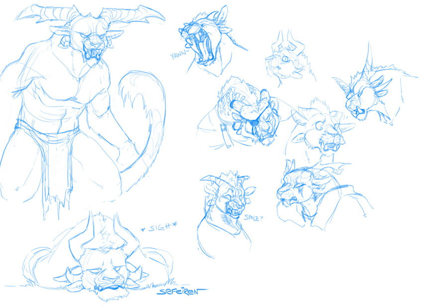 blush charr ears expressions eye_patch eyes_closed eyewear fangs feline female glare guild_wars guild_wars_2 horn invalid_tag loincloth male mammal open_mouth sefeiren sketch smile surprise teeth tongue video_games yawn yawning