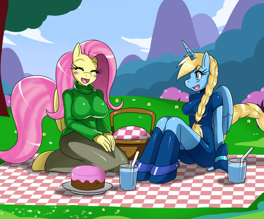 anthro anthrofied big_breasts blonde_hair blue blue_clothing blue_eyes blue_fur blue_sky blush braids breasts cake clothed clothing equine eyes_closed female fingerless_gloves fluffy_tail fluttershy_(mlp) food friendship_is_magic fur gloves hair hi_res horn horse kneeling long_hair mammal my_little_pony open_mouth outside pegasus picknick picnic pink_hair pony shirt sitting smile sssonic2 winged_unicorn wings yellow yellow_fur