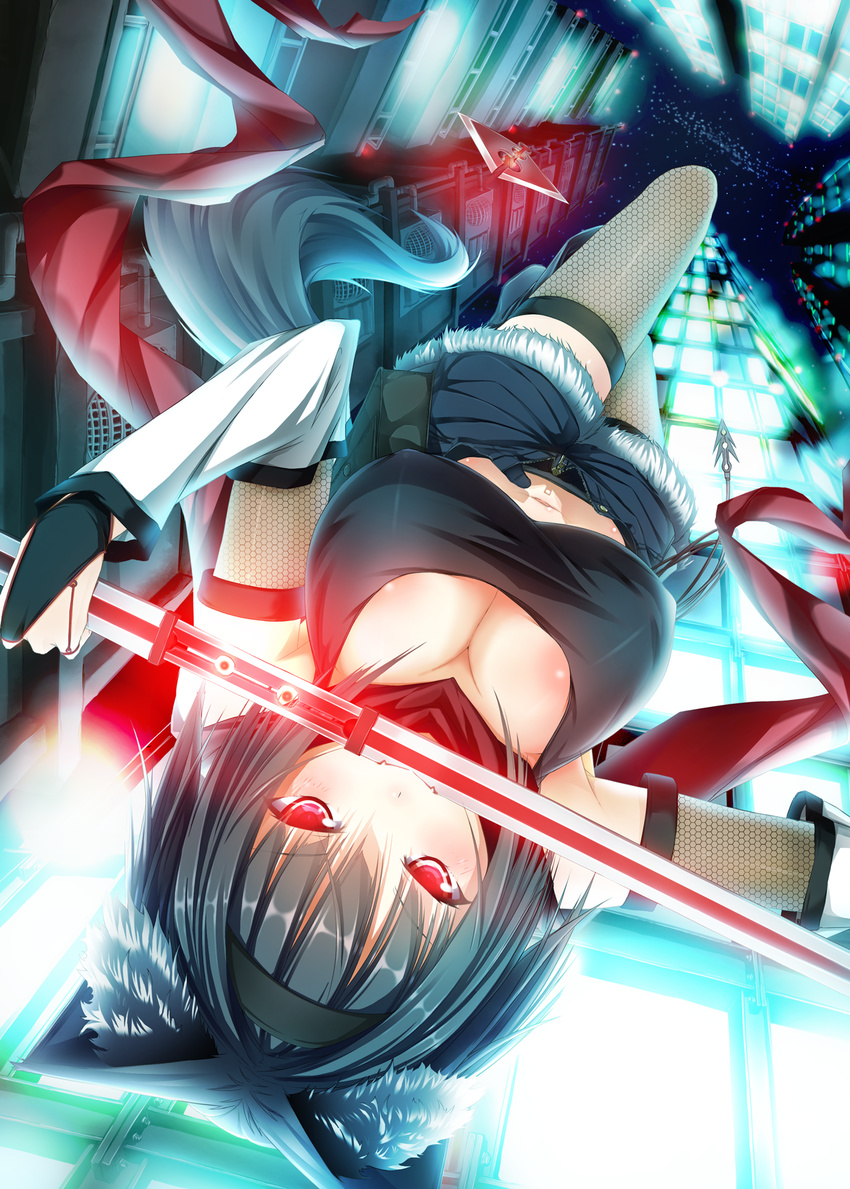 animal_ears bad_id bad_pixiv_id black_hair breasts building cat_ears city_lights cleavage falling fangs fishnets fox_ears hairband highres holding large_breasts midriff mouth_hold navel ninja original re:n_ne red_eyes red_scarf scarf short_hair shorts smile solo sword tail thighhighs upside-down weapon