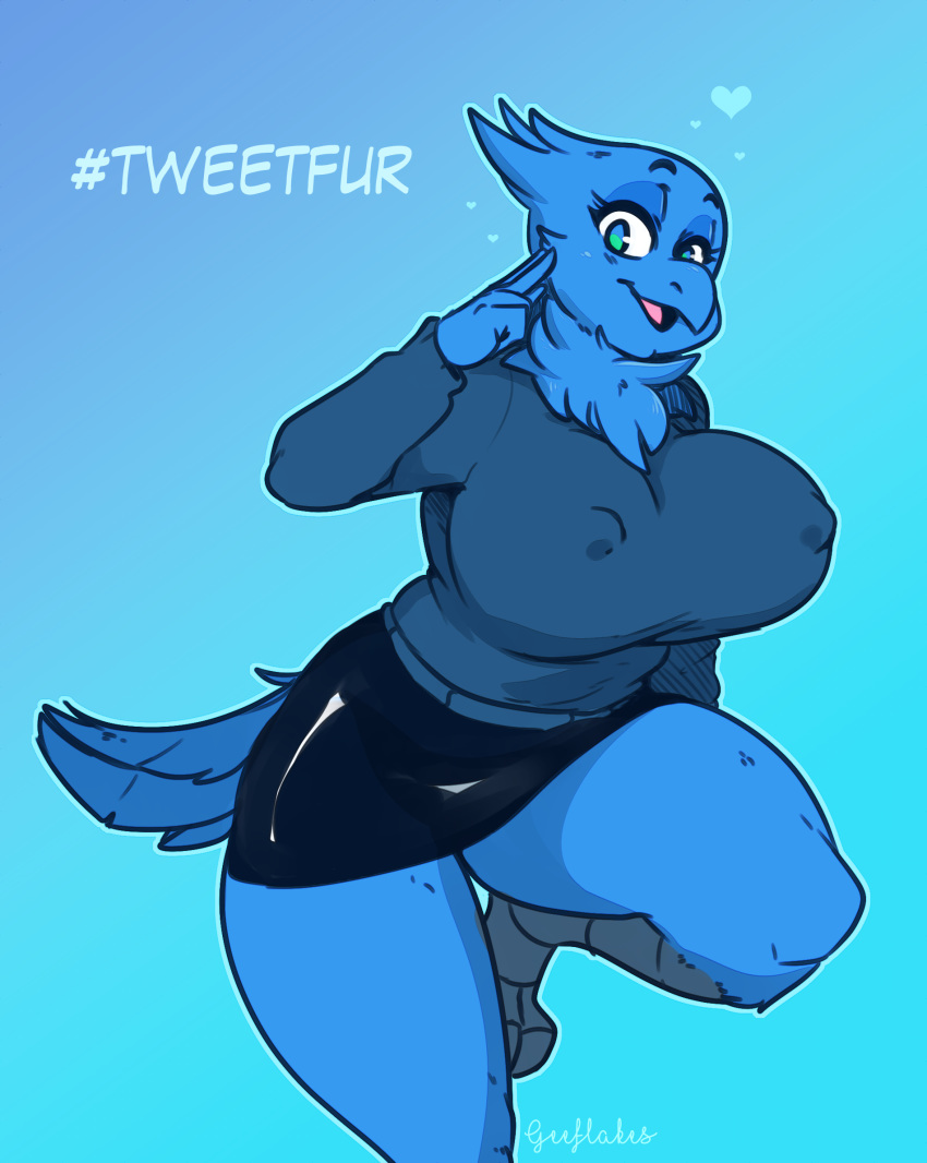 &lt;3 2019 anthro arnachy avian beak big_breasts bird blue_feathers breasts clothed clothing digital_media_(artwork) eyelashes feathers female hi_res looking_at_viewer meme nipple_bulge non-mammal_breasts open_beak open_mouth signature simple_background solo tweetfur twitter