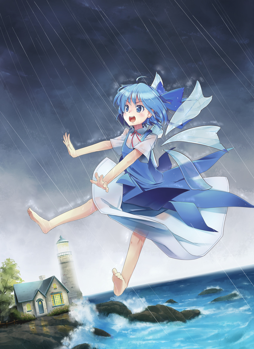barefoot blue_eyes blue_hair bow cirno dress hair_bow highres lighthouse liking ocean open_mouth outstretched_arms rain short_hair solo touhou wings