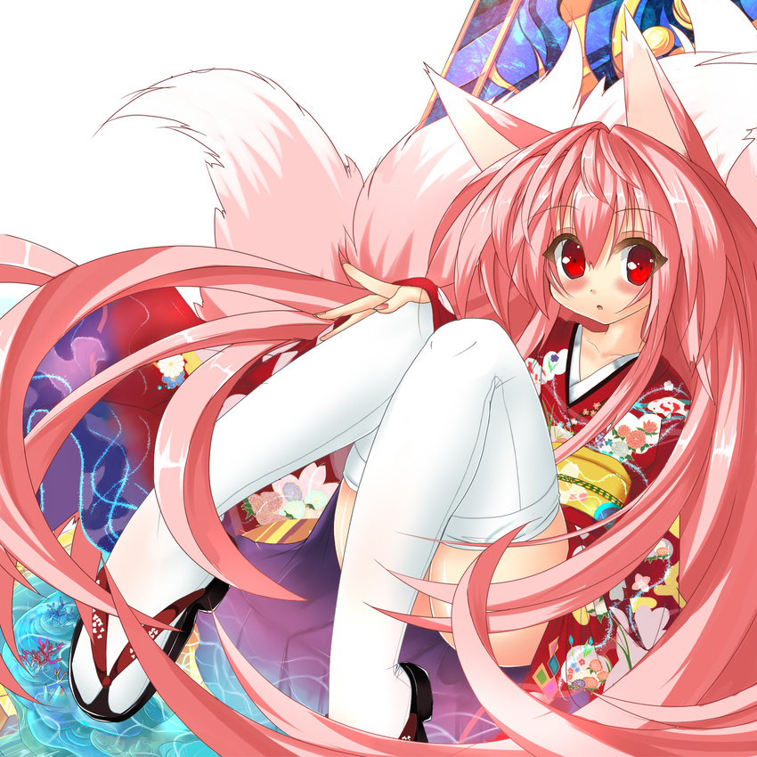 animal_ears bad_id bad_pixiv_id blush fox_ears fox_tail highres japanese_clothes kimono long_hair looking_at_viewer multiple_tails nagai_wataru original pink_hair red_eyes solo tail thighhighs very_long_hair white_legwear