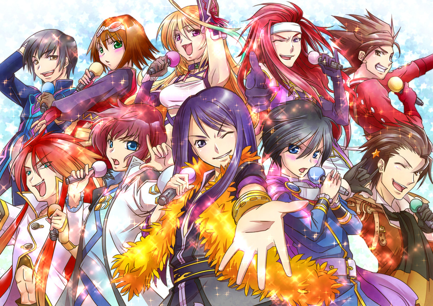 6+boys \m/ abs ahoge alvin_(tales) aqua_background aqua_eyes arm_up armpits asbel_lhant bandeau belt black_eyes black_gloves black_hair blonde_hair blue_eyes blush bracelet brown_eyes brown_hair cape choker coat cravat everyone fabulous feather_boa fingerless_gloves gloves goggles goggles_on_head gradient_hair green_eyes green_hair grin hair_slicked_back hand_on_own_head headband highres jewelry jude_mathis leon_magnus lloyd_irving long_hair looking_back luke_fon_fabre microphone milla_maxwell multicolored_hair multiple_boys multiple_girls one_eye_closed open_mouth outstretched_hand pinky_out pointing purple_eyes purple_hair red_hair red_shirt rita_mordio saraarai shirt short_hair smile sparkle spiked_hair star starry_background tales_of_(series) tales_of_destiny tales_of_graces tales_of_symphonia tales_of_the_abyss tales_of_vesperia tales_of_xillia yuri_lowell zelos_wilder