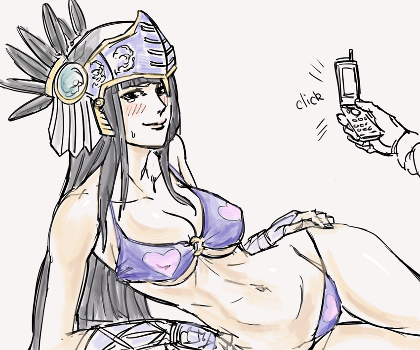 bb_(baalbuddy) bikini black_hair blush breasts cellphone cleavage fingerless_gloves gloves groin hand_on_hip heart heart_print helmet hrist_valkyrie long_hair lowleg lowleg_bikini lying medium_breasts navel on_side phone purple_bikini slender_waist solo swimsuit thigh_gap underboob valkyrie_profile