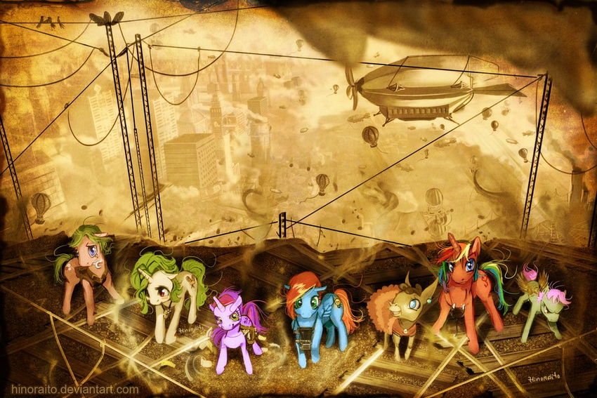 aircraft airship balloon birds blue_eyes brown_hair city clothed clothing commission cutie_mark detailed_background equine female fur green_hair hair hinoraito horn horse looking_at_viewer male mammal multi-colored_hair my_little_pony necklace orange_fur orange_hair original_character pegasus pink_fur pink_hair pony rainbow_hair red_eyes scaffolding shirt steampunk unicorn wings wrench yellow_eyes yellow_fur