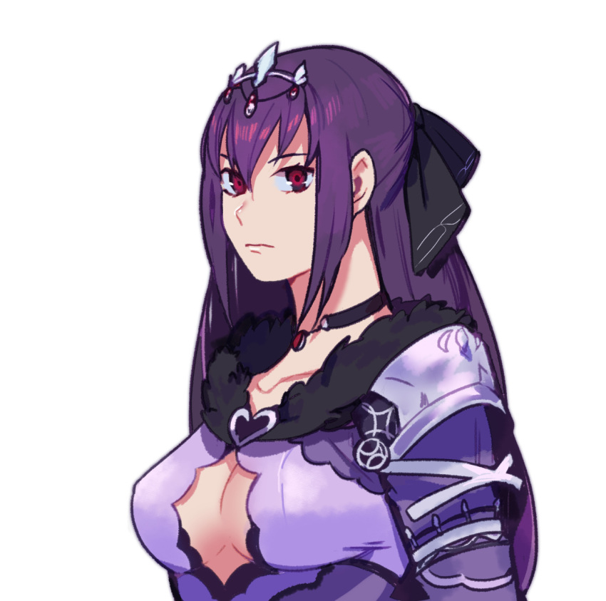 1girl bangs black_choker breasts choker circlet closed_mouth dress fate/grand_order fate_(series) fur_trim hair_between_eyes highres idk-kun long_hair long_sleeves looking_at_viewer medium_breasts purple_dress purple_hair red_eyes scathach_(fate)_(all) scathach_skadi_(fate/grand_order) simple_background solo upper_body white_background