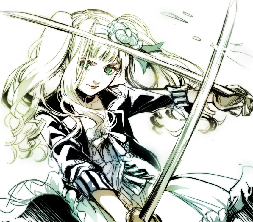 1girl blonde_hair cutlass_(sword) dress drill_hair dual_wielding elizabeth_ethel_cordelia_midford eyelashes flower green_eyes headband holding holding_sword holding_weapon kimidori_(kimidoriri) kuroshitsuji looking_at_viewer muted_color solo sword teardrop twintails weapon