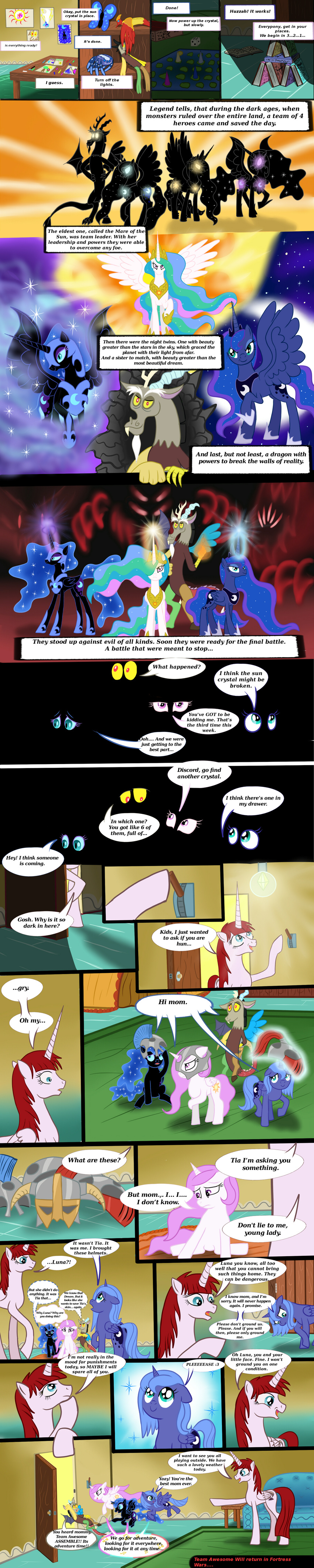 artist-bonaxor bonaxor comic cutie_mark discord_(mlp) draconequus equine fausticorn female feral fillies friendship_is_magic heroes hi_res horn kids male mammal my_little_pony nightmare_moon_(mlp) princess princess_celestia_(mlp) princess_luna_(mlp) royalty team_awesome winged_unicorn wings young