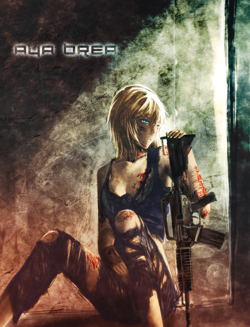 assault_rifle aya_brea blonde_hair blood blue_eyes character_name gun highres litlicha m4_carbine parasite_eve parasite_eve_the_3rd_birthday rifle solo torn_clothes weapon