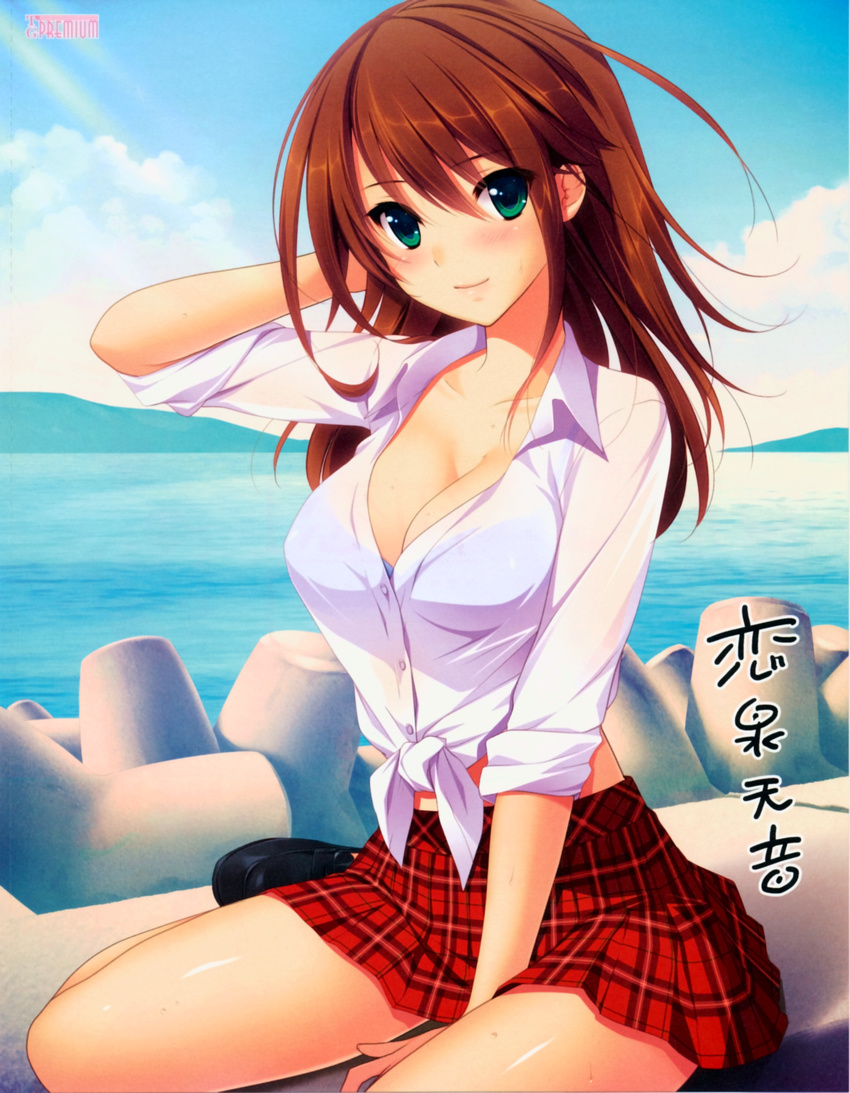 absurdres blue_bra blush bra breasts brown_hair cleavage dress_shirt front-tie_top green_eyes hatsukoi_1/1 highres koizumi_amane large_breasts loafers long_hair looking_at_viewer midriff miniskirt non-web_source open_clothes open_shirt plaid plaid_skirt pleated_skirt see-through shiny shiny_skin shirt shoes sitting skirt sleeves_rolled_up smile solo tied_shirt tokizaki_maya underwear