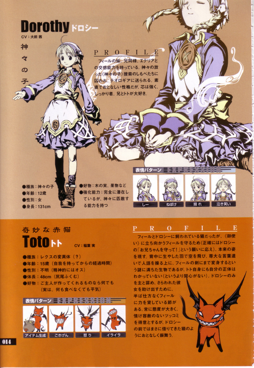 absurdres ahoge bandana bat_wings blonde_hair boots braid character_sheet child closed_eyes dancing demon dorothy_(over_zenith) dress flat_chest grin hat highres ishikawa_fumi long_hair monster official_art outstretched_arm outstretched_hand over_zenith pot scan sitting smile socks standing teeth toto_(over_zenith) twin_braids wings