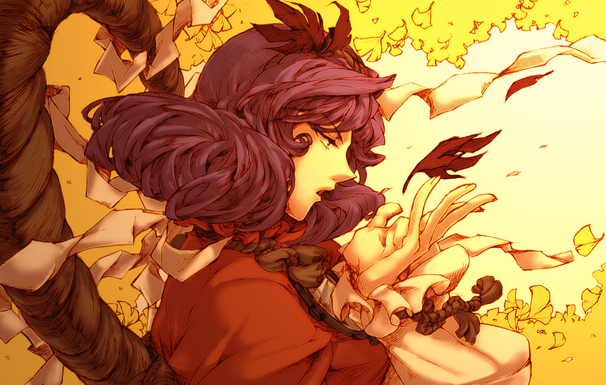 hair_ornament itkz_(silentknight) leaf leaf_hair_ornament profile purple_hair rope short_hair solo touhou yasaka_kanako