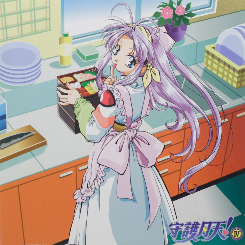 apron artist_request blue_eyes food highres kitchen long_hair mamotte_shugogetten! obentou purple_hair shugogetten_shaolin solo