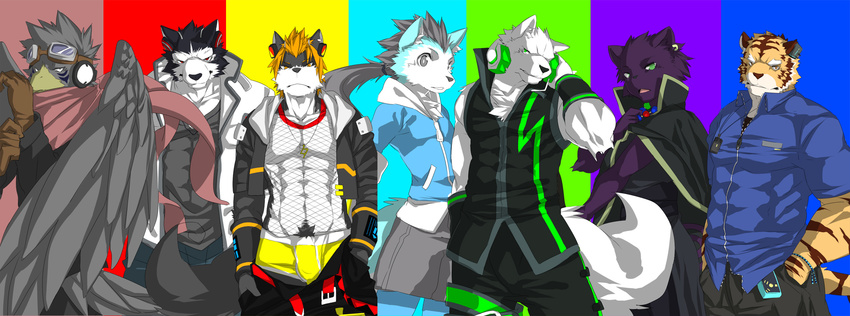 anthro arugo_tsudzurine avian beak biceps big_muscles canine clothing ear_phones feathers feline fur gekkou_himagane ikuto_waoni kenn looking_at_viewer male mammal muscles oyupo_kagane panther rou_kemonone sarasa_arujine sero_tsugumine tiger utau wings wolf