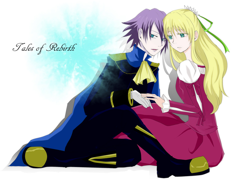 1boy 1girl aqua_eyes blonde_hair blue_eyes boots breasts cape claire_bennett copyright_name dress gloves highres long_hair pants purple_hair saleh short_hair tales_of_(series) tales_of_rebirth title_drop