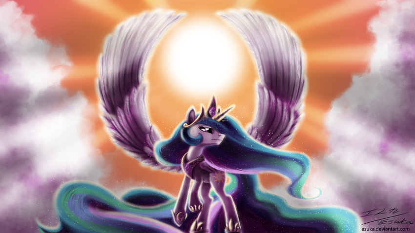 celestia cloud crown cutie_mark equine esuka feathers female feral friendship_is_magic gold hair horn mammal multi-colored_hair my_little_pony necklace princess princess_celestia_(mlp) royalty sky solo solstice sparkle sun sunbeams winged_unicorn wings