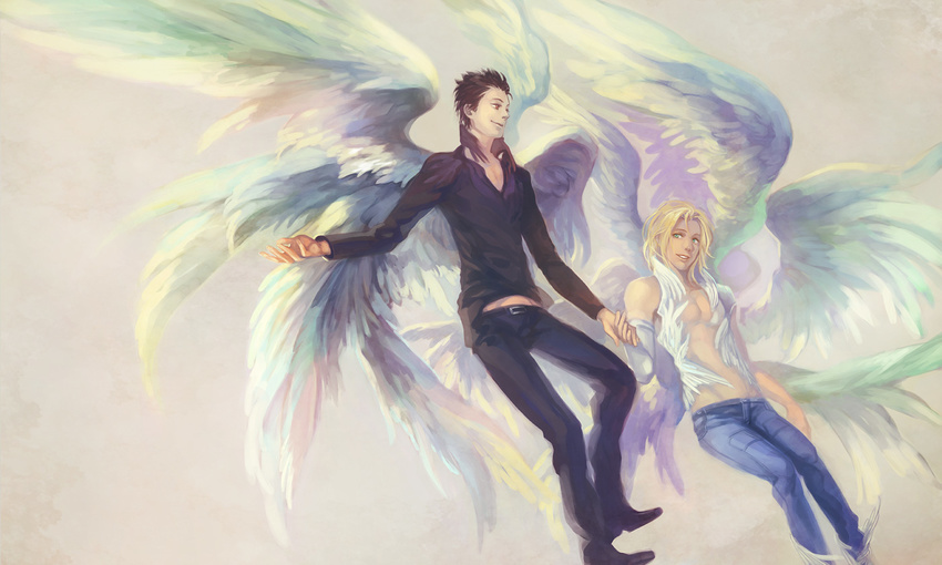 black_hair blonde_hair denim el_shaddai enoch flying green_eyes jeans lucifel_(el_shaddai) magatsumagic male_focus multiple_boys open_clothes open_shirt pants red_eyes shirt wings