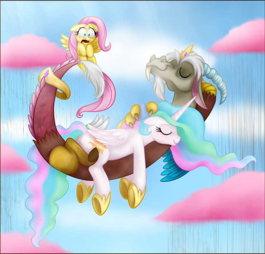 blue_eyes chocolate_rain circlet cotton_candy couple crown cutie_mark discord_(mlp) draconequus equine eyes_closed female feral fluttershy_(mlp) flying friendship_is_magic group hair horn horse jewelry male mammal mickeymonster mn27 multi-colored_hair my_little_pony necklace pegasus pink_hair pony princess_celestia_(mlp) shocked sleeping winged_unicorn wings