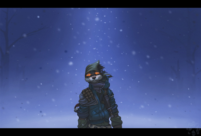 clothed clothing eyewear female fighterjet gearotter goggles linkev_christenen looking_at_viewer mammal mustelid nuclear_winter otter outside post_apocalyptic scenery snow snowing solo tree windy winter wood