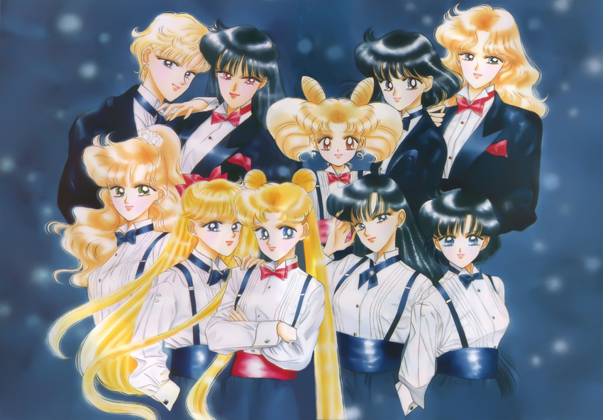 90s aino_minako alternate_hair_color bishoujo_senshi_sailor_moon blue_bow bow bowtie chibi_usa crossed_arms croupier formal friends hair_grab half_updo hand_in_pocket hand_on_shoulder highres hino_rei kaiou_michiru kino_makoto light_smile lips long_hair meiou_setsuna mizuno_ami multiple_girls official_art ponytail red_bow reverse_trap short_hair smile suit suspenders takeuchi_naoko ten'ou_haruka tomoe_hotaru traditional_media tsukino_usagi twintails very_short_hair watercolor_(medium)