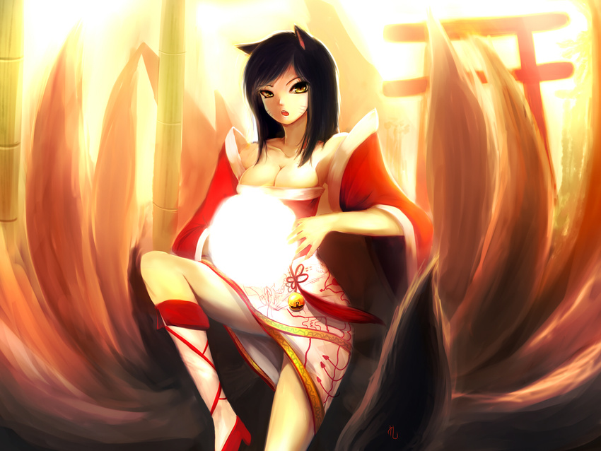 :o ahri animal_ears bad_id bad_pixiv_id bamboo bell black_hair breasts cleavage detached_sleeves facial_mark fox_ears fox_tail helrouis highres korean_clothes league_of_legends long_hair medium_breasts multiple_tails skirt slit_pupils solo tail whisker_markings yellow_eyes