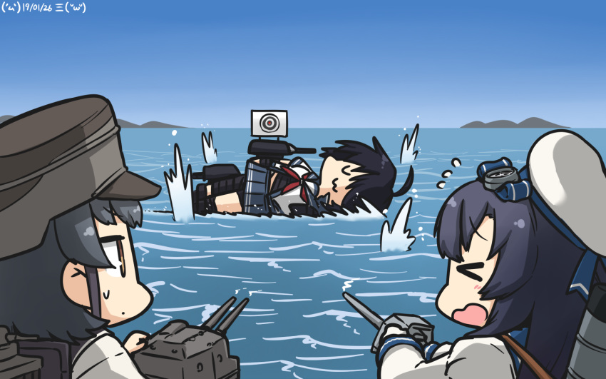 &gt;_&lt; 3girls adapted_turret ahoge aramaki_scaltinof arare_(kantai_collection) bandage bangs black_hair blue_sailor_collar blue_skirt blue_sky brown_eyes commentary dated dress eyes_closed gloves gradient_sky hair_ornament hair_over_one_eye hairclip hamu_koutarou hat highres horizon kako_(kantai_collection) kantai_collection long_hair long_sleeves machinery matsuwa_(kantai_collection) messy_hair midriff mountain multiple_girls ocean parted_bangs pinafore_dress pleated_skirt ponytail remodel_(kantai_collection) sailor_collar sailor_hat school_uniform serafuku shirt short_hair skirt sky target teruyof white_gloves white_shirt