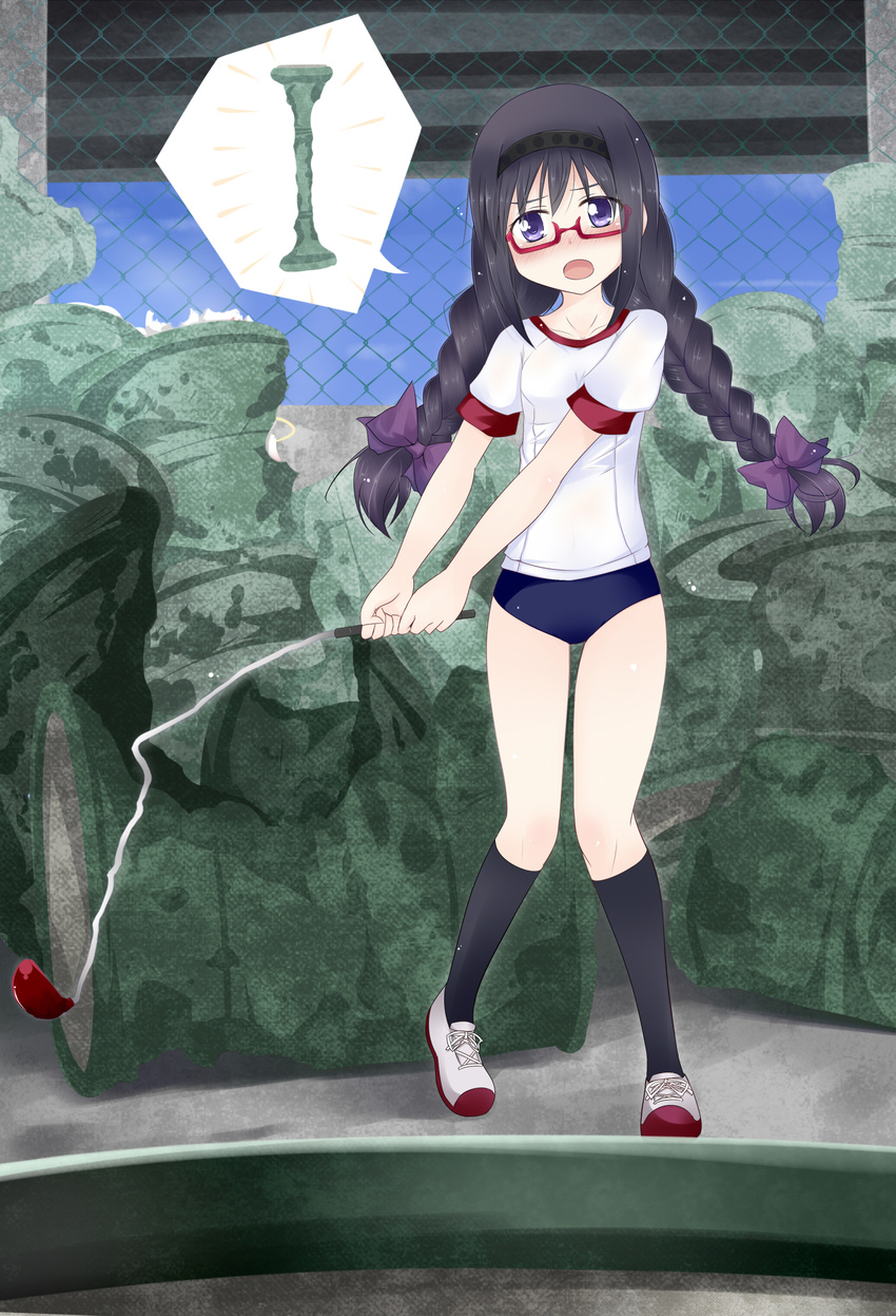 akemi_homura bad_id bad_pixiv_id black_hair blue_eyes blush braid buruma glasses golf_club gym_uniform hair_ribbon hairband highres long_hair mahou_shoujo_madoka_magica makino_(ukiuo) red-framed_eyewear ribbon solo twin_braids