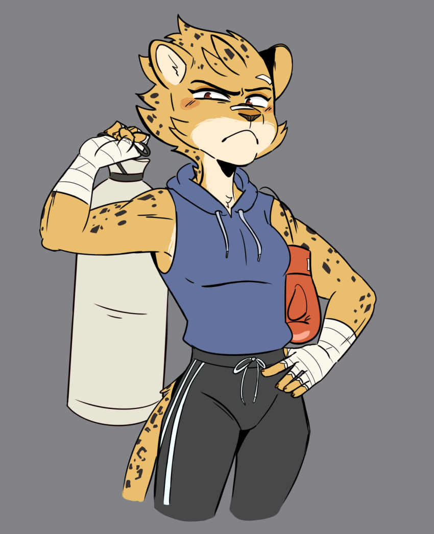 2018 5_fingers anthro ash_(yeahbeezii) athletic band-aid bandage beezii boxing boxing_gloves brown_eyes cheetah clothed clothing digital_media_(artwork) felid feline female frown fur grey_background grumpy hand_on_hip hi_res hoodie looking_at_viewer mammal punching_bag simple_background solo sport spots spotted_fur standing teeth