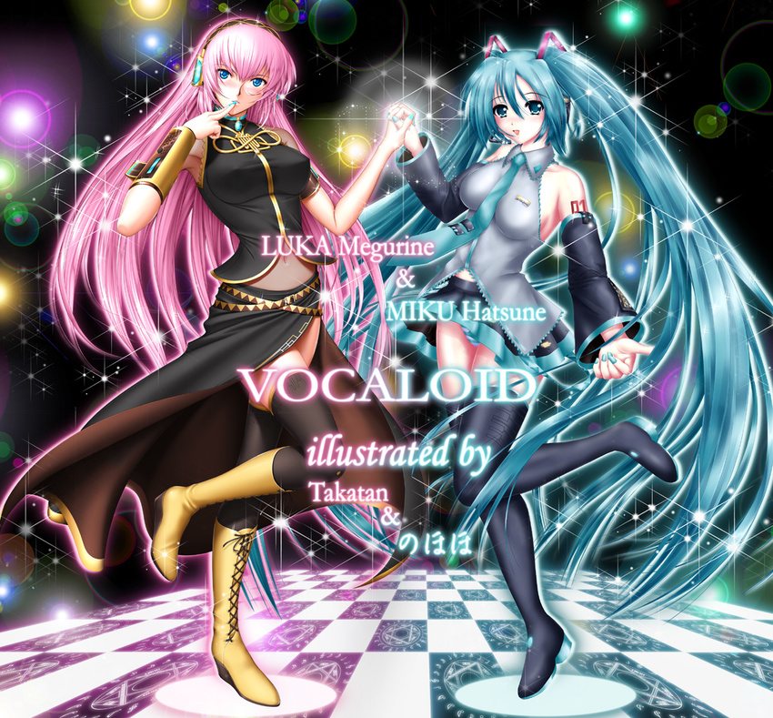 aqua_eyes aqua_hair artist_name blue_eyes boots bow bowtie character_name checkered checkered_floor cross-laced_footwear detached_sleeves finger_to_mouth hatsune_miku headphones headset holding_hands interlocked_fingers lace-up_boots lens_flare lights long_hair megurine_luka multiple_girls nail_polish navel nohoho_(kakikonchi) panties pantyshot pink_hair skirt skirt_lift standing standing_on_one_leg striped striped_panties takatan thigh_boots thighhighs twintails underwear very_long_hair vocaloid