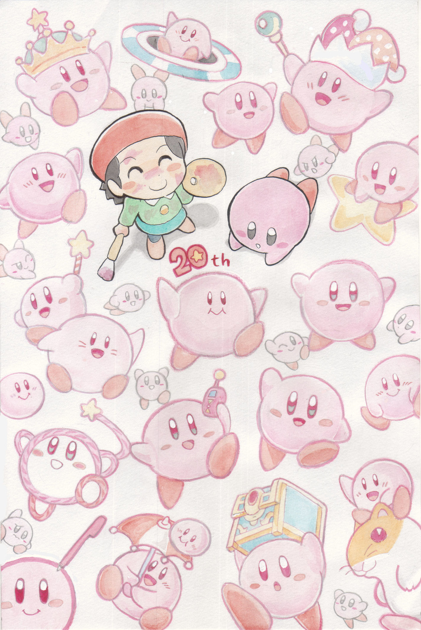 :d adeleine anniversary art_brush blush_stickers copy_ability crown english from_above hamster highres kirby kirby's_dream_land kirby's_epic_yarn kirby_(series) kirby_64 kirby_and_the_amazing_mirror kirby_canvas_curse kirby_super_star md5_mismatch oda_takashi open_mouth paintbrush palette rick_(kirby) scepter smile standing star treasure_chest umbrella wand