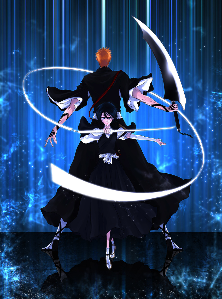 101sq 1boy 1girl absurdres back back-to-back black_hair bleach blue_eyes detached_sleeves female gloves hair_between_eyes highres japanese_clothes kuchiki_rukia kurosaki_ichigo looking_at_viewer male orange_hair short_hair smile sode_no_shirayuki sword touya_(pixiv4112744) weapon