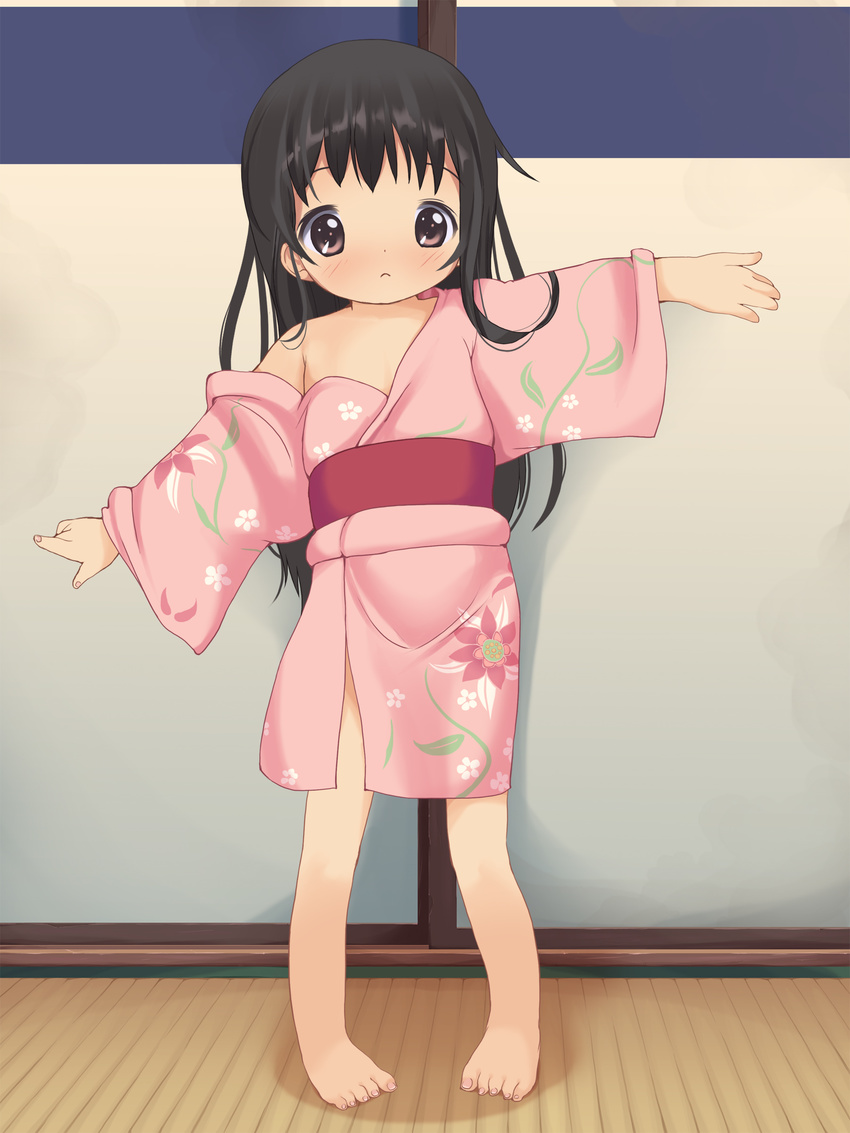 absurdres anyannko barefoot black_hair blush brown_eyes frown highres japanese_clothes kimono long_hair off_shoulder original outstretched_arms pink_kimono solo spread_arms yukata