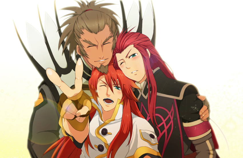 3boys asch beard blue_eyes blush coat elbow_gloves eyes_closed facial_hair fingerless_gloves gloves long_hair luke_fon_fabre male male_focus multiple_boys red_hair tales_of_(series) tales_of_the_abyss van_grants wink